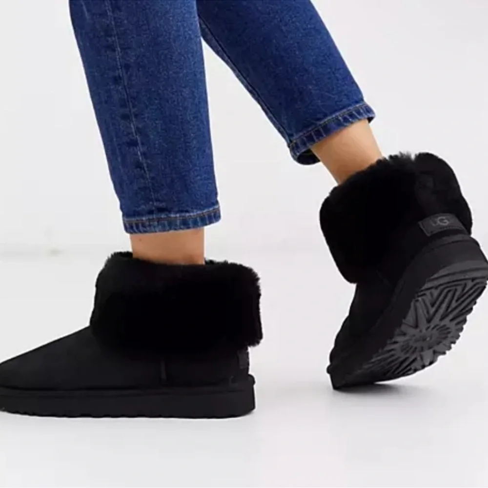 UGG Classic Mini Fluff Ankle Boots in Black Suede
